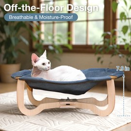 Fantasreen Wooden Elevated Cat Bed Hammock Breathable Scratch-Resistant Grey Fabric, Removable and Machine Washable, Pet Bed Suitable for Cats, Small Dogs, Rabbits up to 33 lbs.