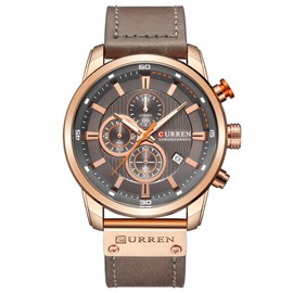 Men's Leather Strap Military Watches Men's Chronograph Waterproof Sport Wrist Date Quartz Wristwatch Gifts, Gold grey, Chronograph, quartz movement