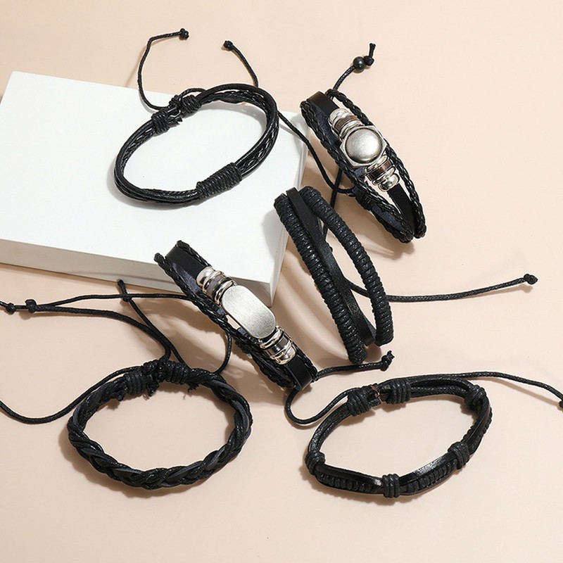 12PCS Braided Faux Leather Bracelet Set Multilayer Vintage Rock Style