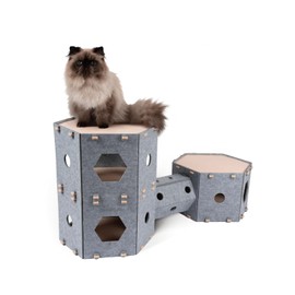 Cat Nest for Indoor Cats & Small Dogs, Muzzique Expandable Modular Felt Tunnel Castle, Washable Kitten House, Peekaboo Kitty Cave, Puppy Bed Furniture, XL Multi-Pet Play System Platform w/Hair Brush