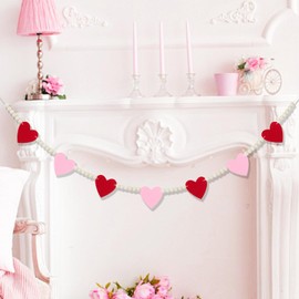 Valentines Day Mantel Decor - Red Pink Felt Heart Wooden Beads Garland Valentines Banner for Fireplace Mantel Walls Decorations (Multicolor)