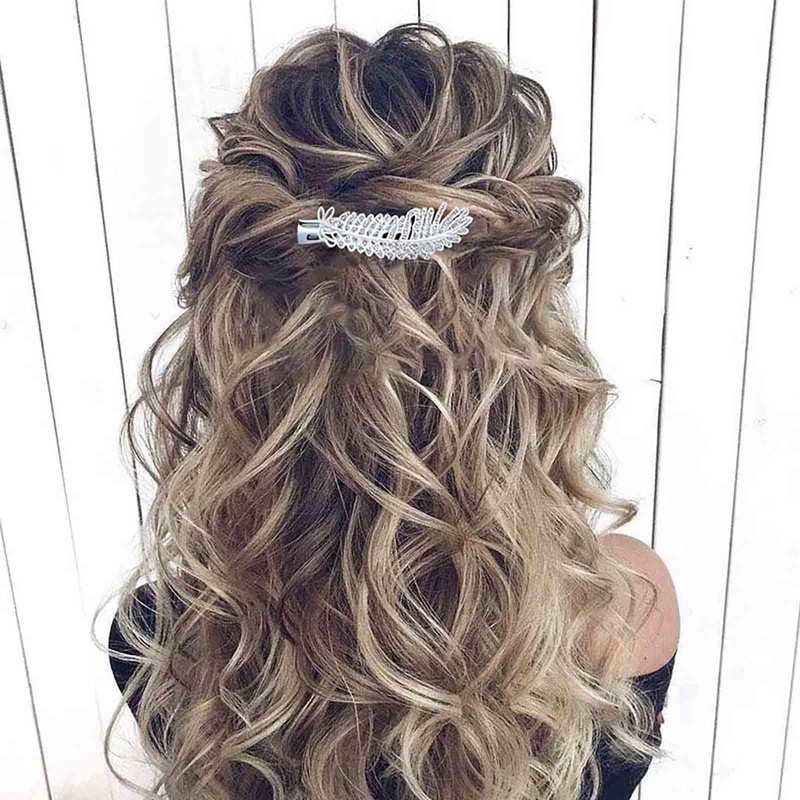 Cybche Rhinestone Feather Hair Clip Silver Cz Leaf Hair Barrettes
