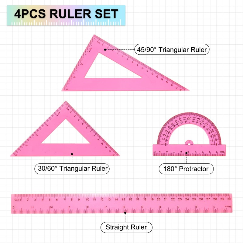HARFINGTON 4pcs Triangular Ruler Set 30cm Plastic Metric Inch Geometric