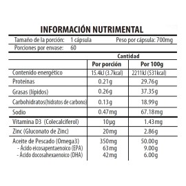 Naturagel Zinc Con Vitamina D3 Y Omega 3 | 60 Capsulas 700mg Sabor Sin Sabor