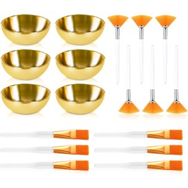 DLUGOPIS- 1. EL PAQUETE CONTIENE: Este juego de suministros faciales contiene 6 cuencos dorados para mezclar mascarillas faciales (3,5 x 1,2 pulgadas), 6 cepillos de abanico con mango blanco (5,5 x 1