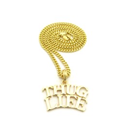 Fashion 21 Gold Tone Plain Thug Life Pendant 24" Various Chain Necklace (3 Chains Available) (4mm 24" Cuban Chain)