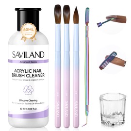 SAVILAND Acrylic Nail Brush with Cleaner: Size 8,10,14 Professional Acrylic Brushes Makeup Brushes Cleaner Conditioner Nail Brush Cleaner Tool & Dappen Dish for Acrylics Nails Home Salon DIY