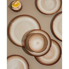 Pokini Stoneware Dinnerware Set Service for 4, 12 pcs Reactive Glaze Plates and Bowls Sets, Handmade Round Dishes Set, Highly Chip and Crack Resistant Modern Plate Set, Brown Yellow