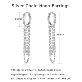 Cangall Silver Chain Hoop Earrings for Women, 925 Sterling Silver Tassel Chain Hoop Earrings with Cubic Zircon, Hypoallergenic CZ Cartilage Sleeper Two Tassel Chain Dangling Drop Earrings Silver