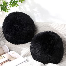 2 Pieces Plush Ball Throw Pillow Round Pillow 10 Inch Soft Circle Pillow Decorative Ball Pillow Spherical Fuzzy Pillows for Bedroom Living Room Office School Couch Chair Bed Decorations (Black)