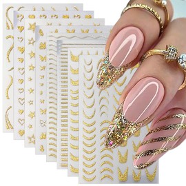 DANNEASY 8 Sheets French Tips Stripe Nail Art Stickers Glitter Gold Nail Stickers Holographic Nail Decals Self-Adhesive Nail Design Stickers Manicure Sticker Nail Decoration for Acrylic Nails