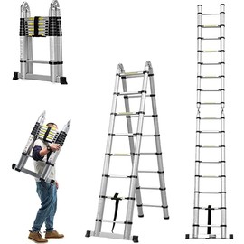 2.5M+2.5M(5M/16.5Ft) Telescopic Ladder Household Ladders,Aluminum Telescoping Extension Ladder A-Frame Lightweight Portable Multi-Purpose Folding Ladder,330LBS（150KG） Capacity Silver