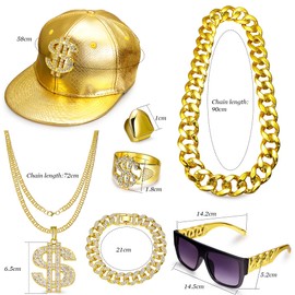LOREMOW 80s 90s Hip Hop Costume Kit Faux Gold Chain Dollar Sign Ring Necklace Cap Jewelry Set Old School Rapper Accessories