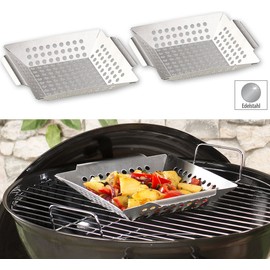 Rosenstein & Söhne Stainless Steel Grill Bowls: Set of 2 Stainless Steel Grill Bowls for Vegetables and Small Grilled Food, 1 mm (Grill Tray Vegetables, Grill Tray, Stainless Steel, Barbecue