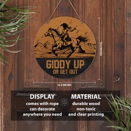 Western Wall Decor for Home, Cowgirl Horse Sign Round Wood Hanging Sign Decorations, Vintage Wild West Decor for Porch, Door, Entryway, Gifts for Women Cowgirl, Giddy Up Or Get Out