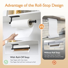 MEIJO Paper Towel Holder with Damping Function, Paper Towel Holder Under Cabinet Self-Adhesive or Drilling, Wall Mounted Napkin Roll Holder for Kitchen Bathroom Rv Camping, Stainless Steel (Black)