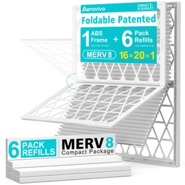 AErovivo 16x20x1 Refillable Air Filter Kit, MERV 8, 1 Reusable Foldable Frame ＆ 6 Refills, Fits Most AC HVAC Furnace Filter, Actual Size 15.75x19.75x0.75in