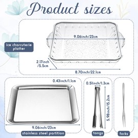 Baderke 6 Set 9" Chilled Serving Tray for Parties with Compartments Ice Chilled Party Platter Charcuterie Serving Board Cold Dish Dip with Forks Tongs for Fruit Seafood Vegetable Appetizer (Silver)