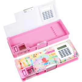 Henoyso Multifunctional Pencil Box for Girls Pink Inspirational Pencil Case with Calculator and Sharpener Cute Pencilcase School Supplies Essentials Christmas Birthday Gift Present for Kids Teens