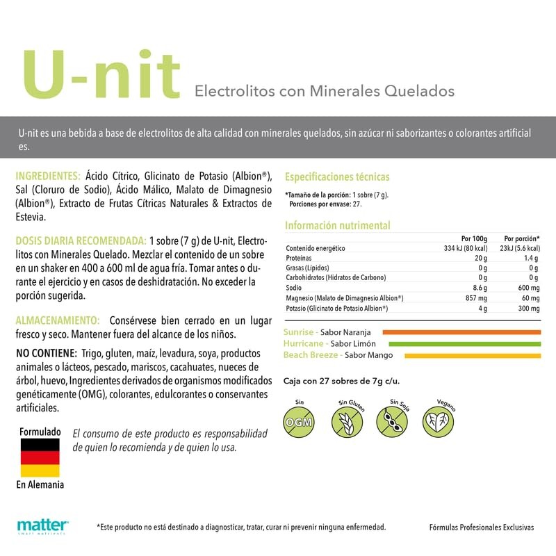 MATTER SMART NUTRIENTS | U-nit Electrolitos con Minerales Quelados |