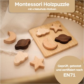 Montessori Wooden Puzzle for Baby & Children from 1 Year Made of Natural Wood with Space Motifs - Wooden Toy Educational as a Gift - Children's Toy Puzzle Plug-In Game Sustainable BPA-Free Non-Toxic
