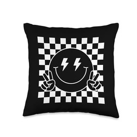 Checkered Lightning Bolt Eyes Happy Smiling Smile Face Peace Throw Pillow