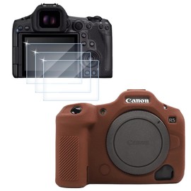 Camera Case for Canon EOS R5 Mark II, Soft Silicone Protective Cover + 3PCS Tempered Glass Screen Protectors, Anti-Scratch Shockproof Camera Accessories - Black (Dark Brown)