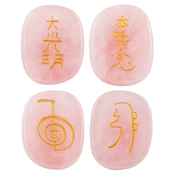 SUNYIK Flat Oval Rose Quartz with Engraved Usui Symbols Palm Stone Worry Stones Set of 4