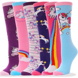 Sandsuced Girls Knee High Long Socks Girls Gift for Kids 6 Pairs Funny Boot Crazy Fun Tall Animal Child Socks (Animal Unicorn A)