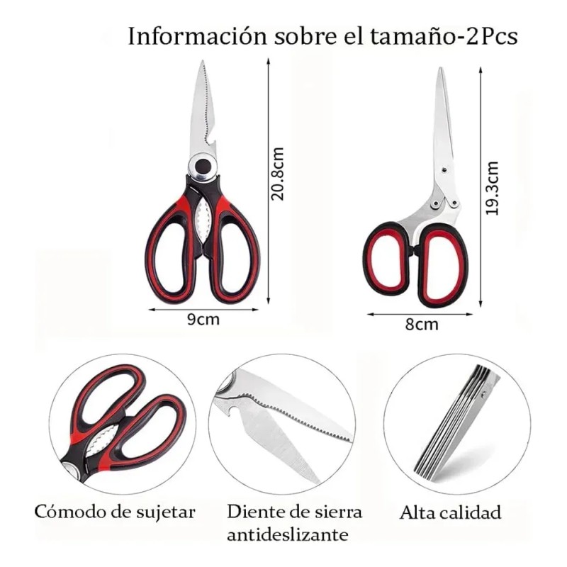 Tijeras De Cocina Multiusos De Acero Inoxidable, 2 Piezas Rojo