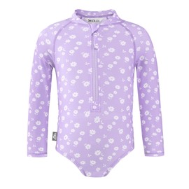 JAN & JUL One Piece Baby Girls' Swimsuit, Long Sleeve Bathing Suit for Swimming (Purple Daisy, Size 6m)