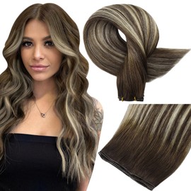 Full Shine Full Shine Genius Weft Hair Extensions Hand Tied Extensions Human Hair Color Darkest Brown to Platinum Blonde Mix Darkest Brown Human Hair Extensions Sew in Human Hair Extensions for Women 50G 16 Inch