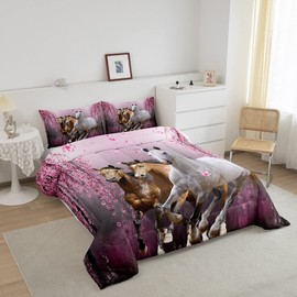 Kids Horse Full Size Comforter Set Cherry Blossom Branches Steed Boys Bedding Set for Girls Teens Galloping Horse Comforter 3D Wild Animal Decor Quilt Set Bedroom Collection 3Pcs