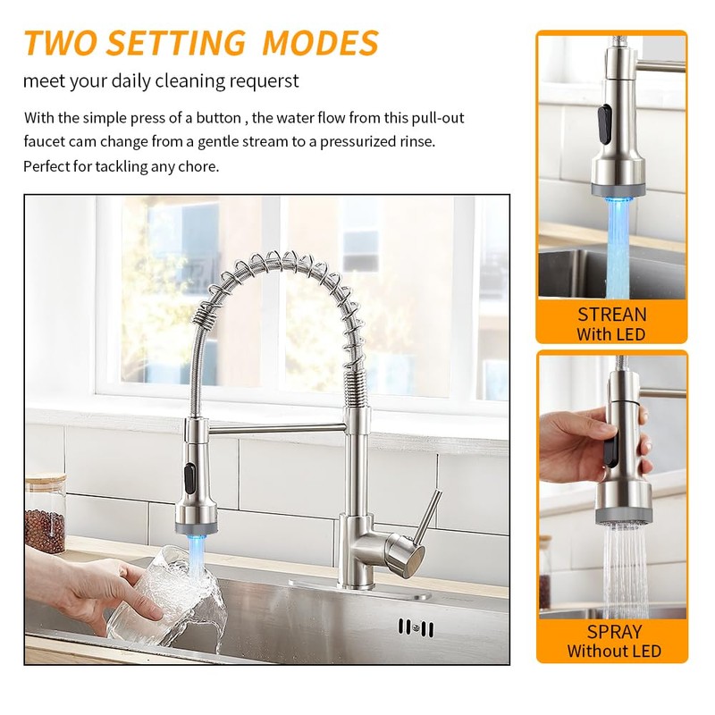 LED Light Kitchen Faucet with Pull Down Sprayer Sus304 Stainless