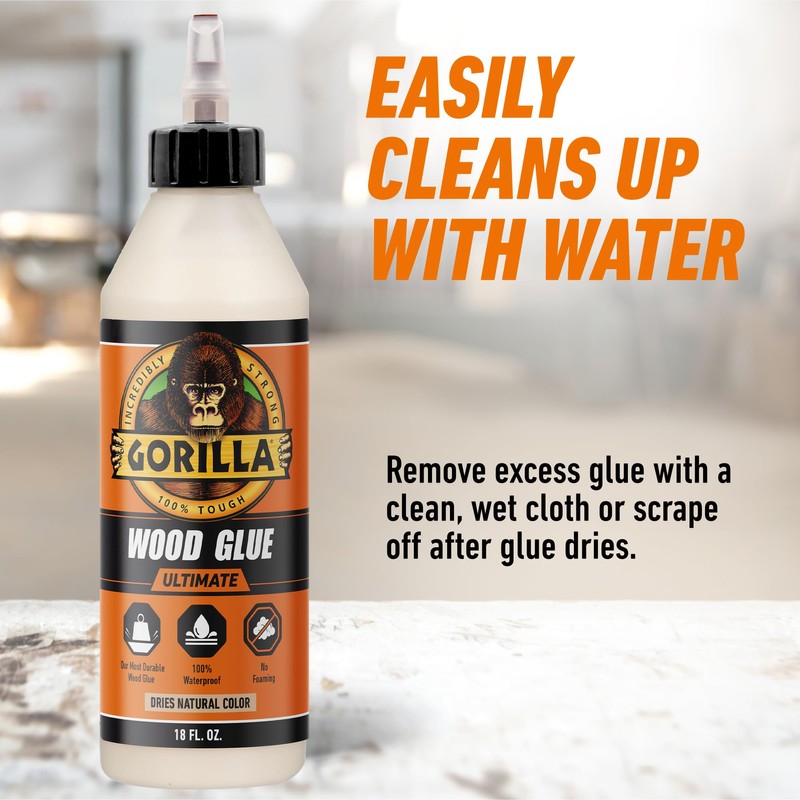 Gorilla Ultimate Waterproof Wood Glue, Natural Wood Color, 18 Ounce
