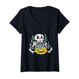 Womens Creepy Cute Skeleton Eating Ramen Bowl Asian Food Fan Foodie V-Neck T-Shirt