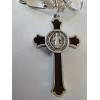 Catholic St Benedict Black Enamel Crucifix Medal Keychain Silver Tone
