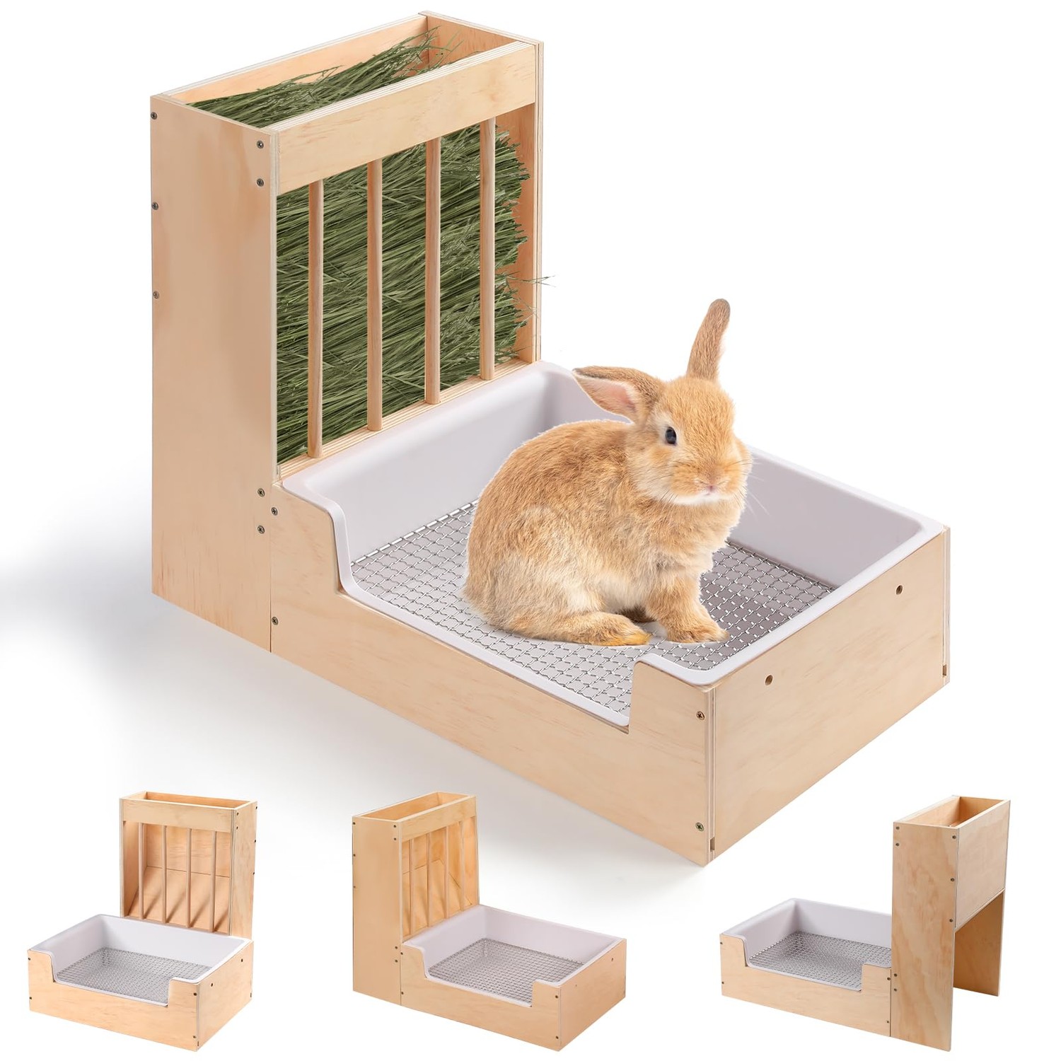 Essenhome Large 2-in-1 Rabbit Hay Feeder & Litter Box Set, Wood, Mess ...