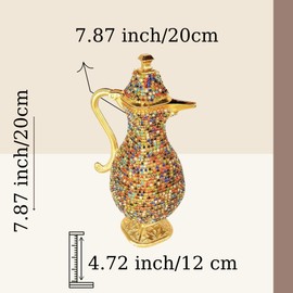 Steel Water Bottle Pitcher with Zirconia Stones | Handmade Metal Carafe Water Tea Coffee Jug Vintage Bottle | Turkish Ottoman Zamzam Pitchers (280 ML/9.4 Oz, Colorfull Stone, Gold Color)