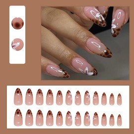 MouyouGlow Short False Nails, Almond Nude Pink Leopard French Cymbidium Flowers Spring Autumn Press on Nails with Nail Glue, Natural Pink Flowers Autumn Fake Nails