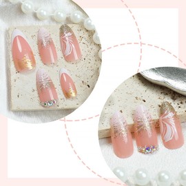 24Pcs Almond Press on Nails Medium French Tip Fake Nails White Nail Tips with Rhinestones Design Gold Glitter False Nails Nude Stick on Nails Flower Nail Supplies for Women Girls DIY Manicure