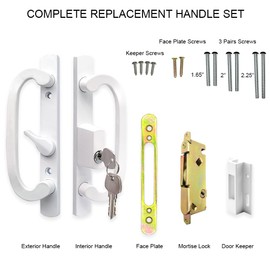 ALLYWASAI Patio Sliding Door Handle Set with Mortise Lock, Key Cylinder and Keeper, Replacement Handle Lock Set Fits Door Thickness from 1-1/2" to 2-1/4", 3-15/16" Screw Hole Spacing, Keyed, White