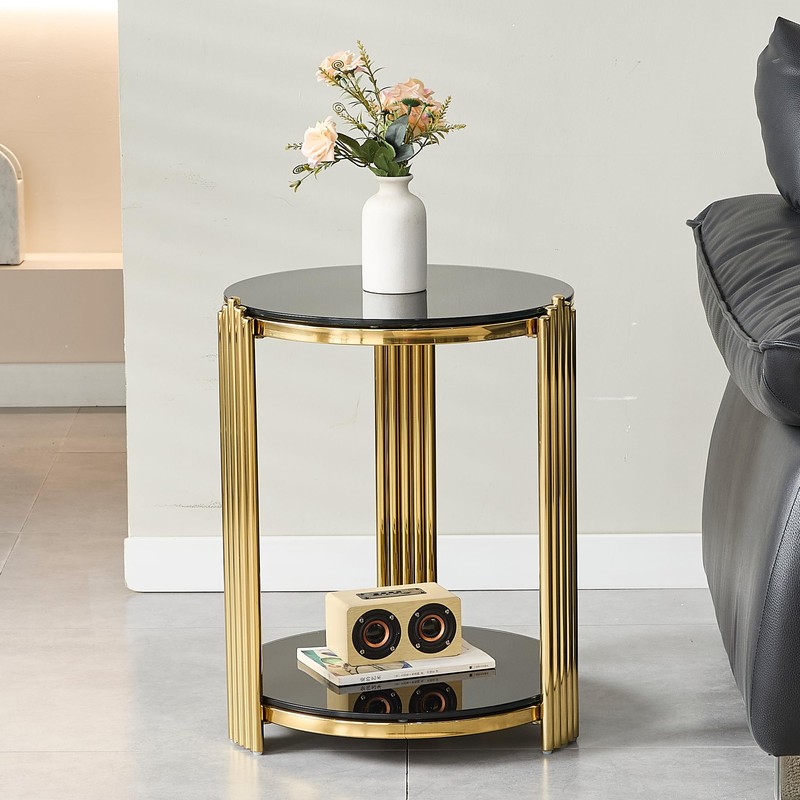 Glass Round End Table with 2-Tier Storage, Black Tempered Glass