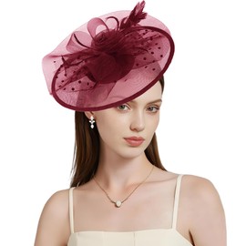 Markest Fascinators for Women Tea Party Hats Flower Feather Headpiece Party Headwear for Kentucky Derby, Cocktail, Wedding 42-Wine Red