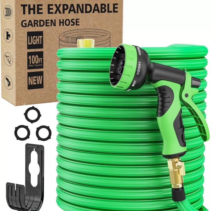 Garden 100ft Expandable Rubber Garden Hose 10-Function Spray Nozzle Lightweigh