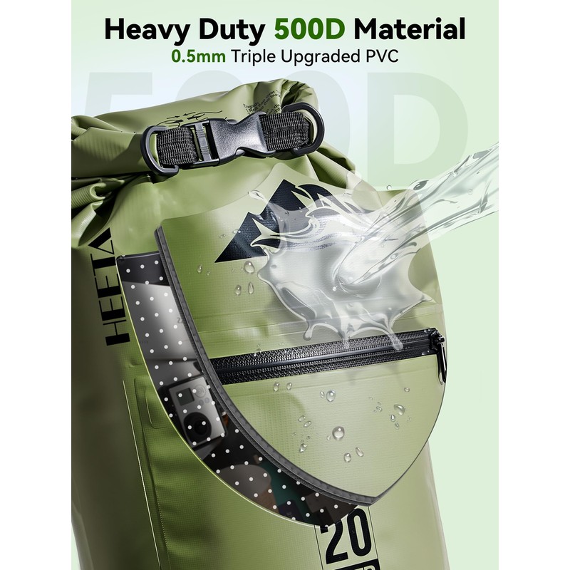 HEETA Waterproof Dry Bag Backpack with Zippered Pocket (Green, 10L)