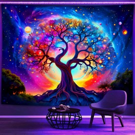 WIERAEM Schwarzlicht Wandteppich Wald Uv Psychedelic Wandtuch Natur Baum Des Lebens Sterne Galaxy Trippy WandtüCher SchöNe Bunt Fluoreszierende Tapestry Deko Groß 230x180cm