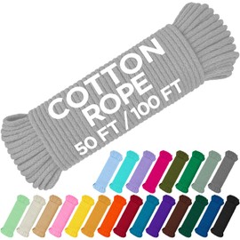 TECEUM Cotton Rope 3/16” (5 mm) – 100 FT – Strong All-Purpose Braided Rope – Natural Cotton – for Crafting, Сamping, Clothes Line, DIY, Indoor & Outdoor Use – Light Gray