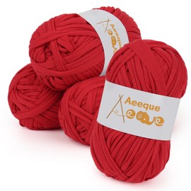 Aeeque 4 x 100 g T-Shirt Yarn, T-Shirt Yarn for Crochet and Knitting, Ribbon Yarn for Baskets, Thick Crochet Yarn for Crochet Bags, Carpets, Hat, Red