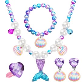 Jadive Mermaid Jewelry Set for Girls, 4 Pcs Mermaid Necklace Bracelet Ring Earrings for Kids Little Girls Christmas Halloween Dress up Pretend Play Supplies Birthday Gifts(Cute Style,Purple)
